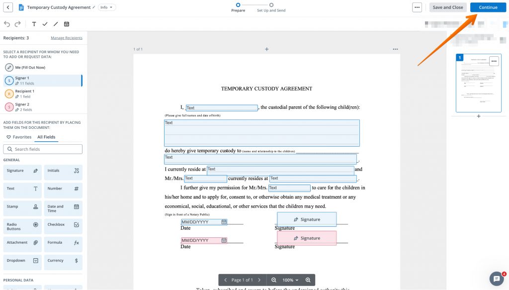 Screenshot of the SignNow editing interface, displaying a document with added fillable fields and the highlighted Continue button, which leads to the Send Invite window.