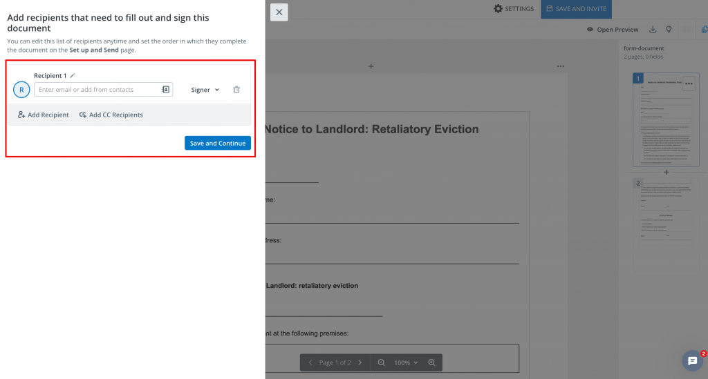 A screenshot of the SignNow interface, displaying a Notice to Landlord Retaliatory Eviction template. The Recipients panel is highlighted on the left, showing the landlord added as the signer and other parties listed as CC recipients.
