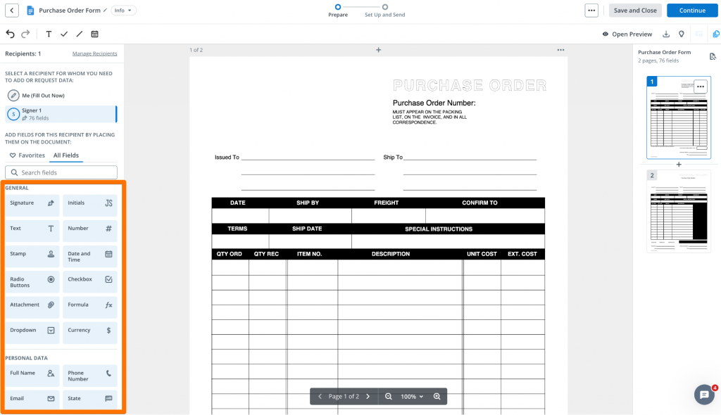 Screenshot of t a document opened in the SignNow editing interface, with the fields panel highlighted on the left.