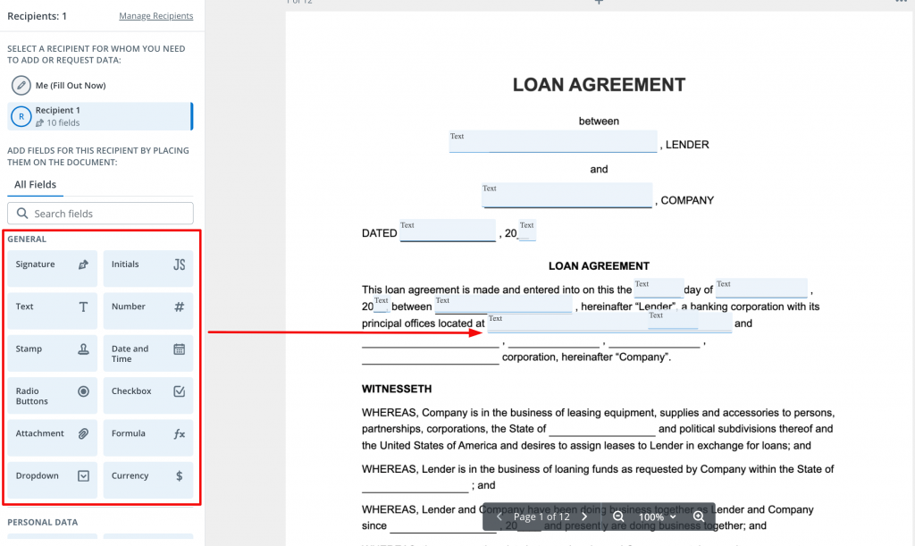 A screenshot of a loan agreement template is shown in the SignNow editor. The image displays a loan agreement with designated text fields for the recipient, while the form field panel is open, offering options for signature, initials, text, date, checkbox, and more.