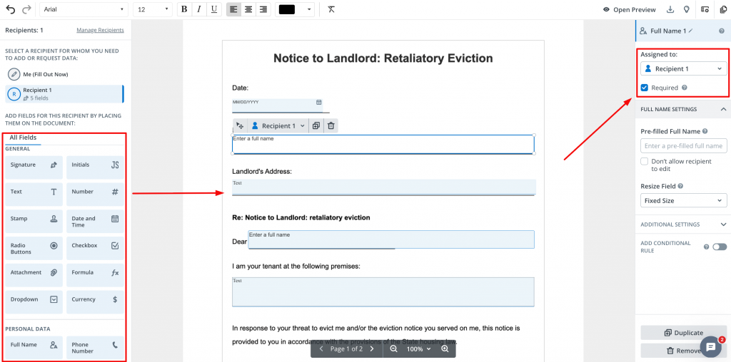 Screenshot of the Notice to Landlord template displayed in the SignNow editing interface. The screenshot shows the highlighted Add fields panel on the left and the Text field properties on the right.