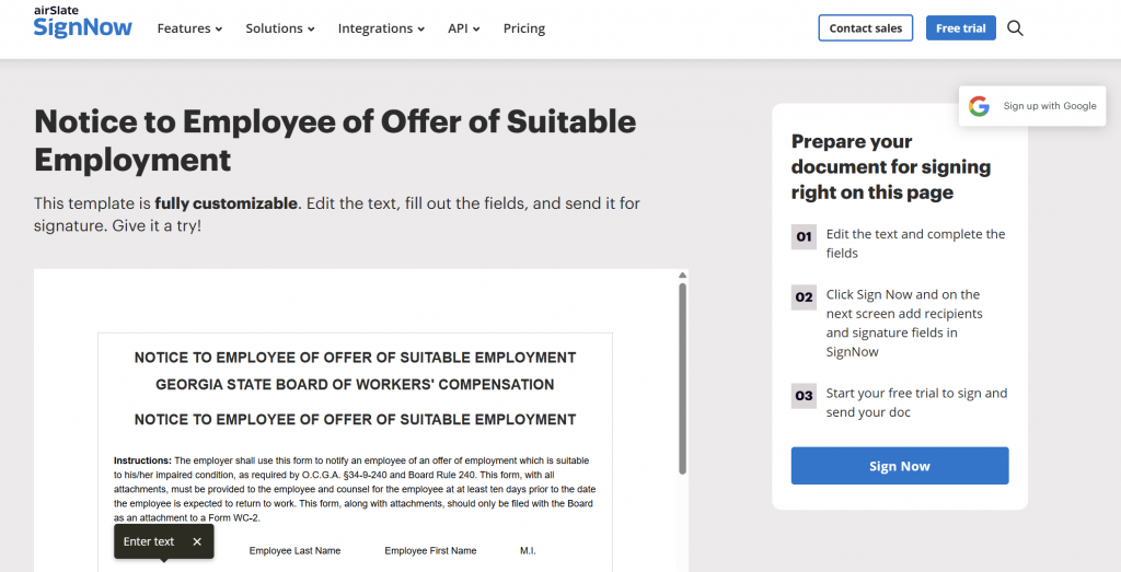 SignNow Offer Letter Templates page showing a list of employment-related templates, each with a button to open and sign the document.