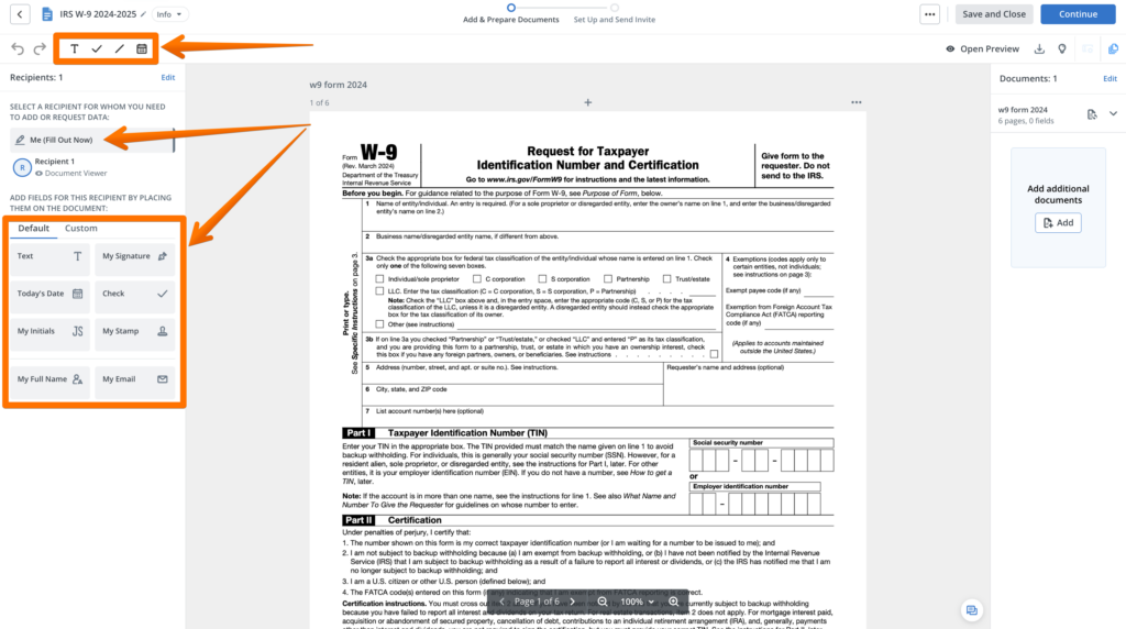 signNow document editor displaying an IRS W-9 form with highlighted tools for adding a signature, initials, text, and other fields.
