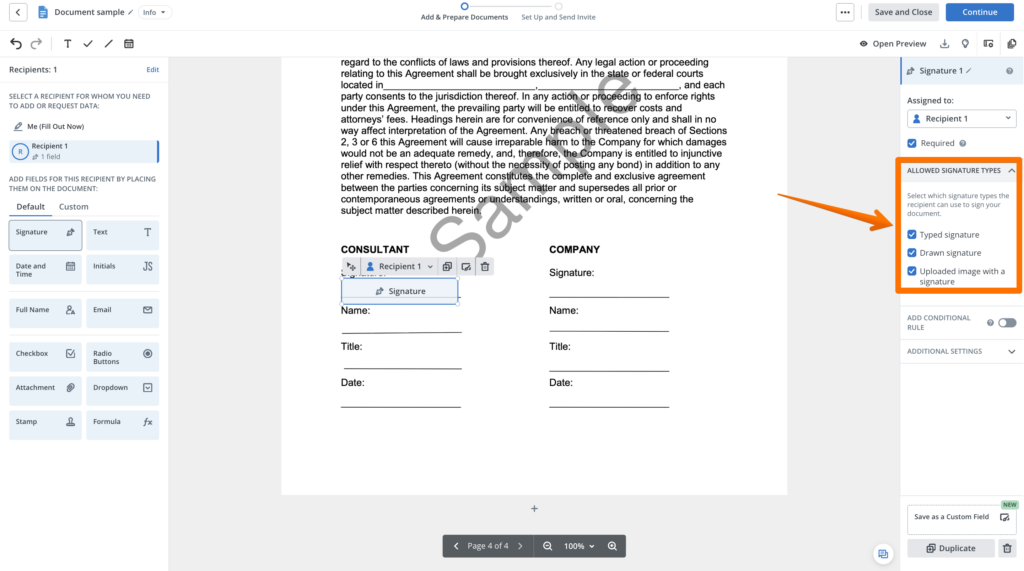 signNow document editor showing a signature field assigned to a recipient and options for typed, drawn, and uploaded signatures.