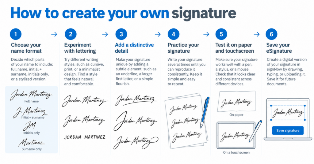 Six-step visual guide showing how to develop, practice, and save a personalized handwritten signature.