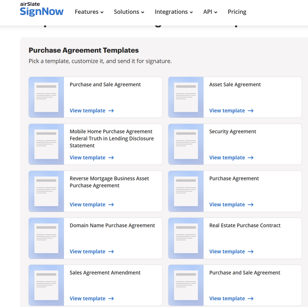 SignNow Purchase Agreement Templates page showing multiple agreement templates, including Purchase and Sale Agreement, Asset Sale Agreement, Purchase Agreement, Real Estate Purchase Contract, and Sales Agreement Amendment, each with a View template link.
