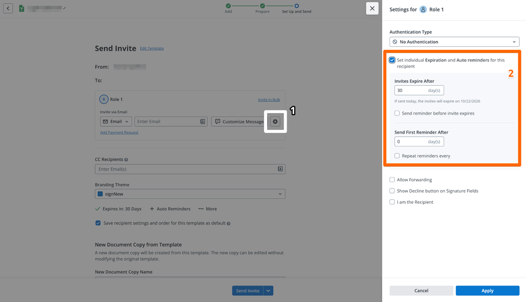 SignNow Send Invite screen showing recipient settings for configuring individual invitation expiration and automatic reminders, including expiration period, reminder timing, and repeat reminder options.