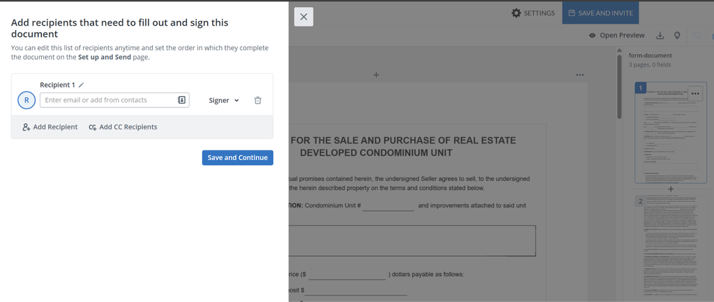SignNow recipient setup window showing a purchase agreement with a field to enter the signer’s email address, options to add additional recipients or CC recipients, and a Save and Continue button.