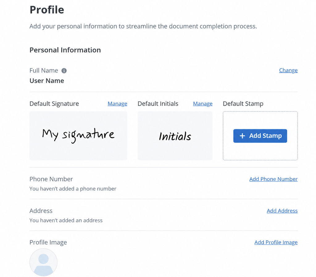 The User Profile page in SignNow showing personal information, Default Signature and Default Initials with Manage links, and an Add Stamp button.