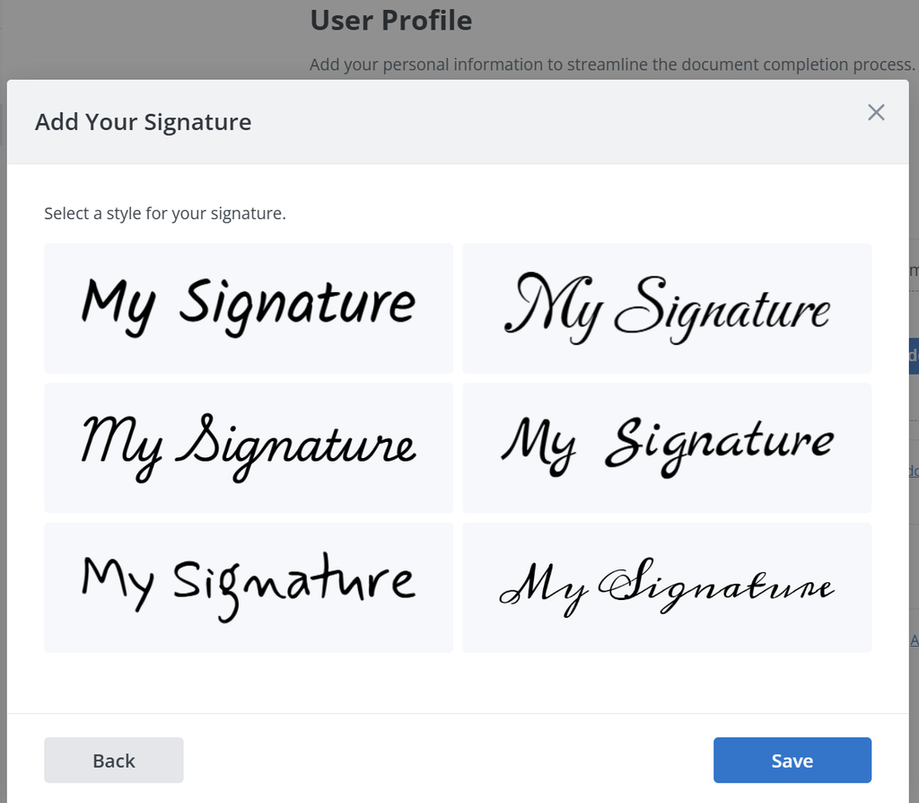 The Add Your Signature window in SignNow showing six typed signature font styles to choose from, with Back and Save buttons.