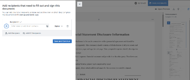SignNow recipient setup window for a financial statement disclosure template, showing a field to enter the signer’s email address, options to add more recipients or CC recipients, and a Save and Continue button.