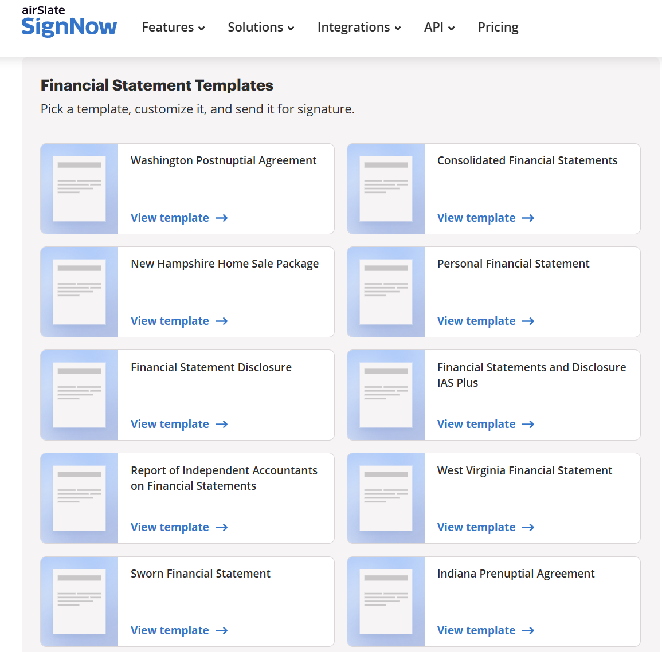 SignNow Financial Statement Templates page showing templates such as Consolidated Financial Statements, Personal Financial Statement, Financial Statement Disclosure, Report of Independent Accountants on Financial Statements, and Sworn Financial Statement.