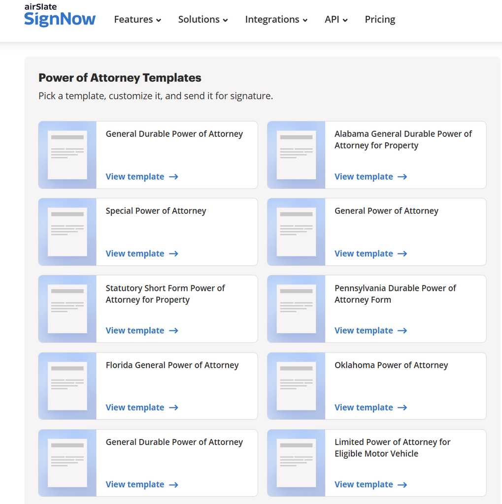 SignNow Power of Attorney Templates page showing general, durable, special, limited, and state-specific power of attorney forms, each with a View template link.