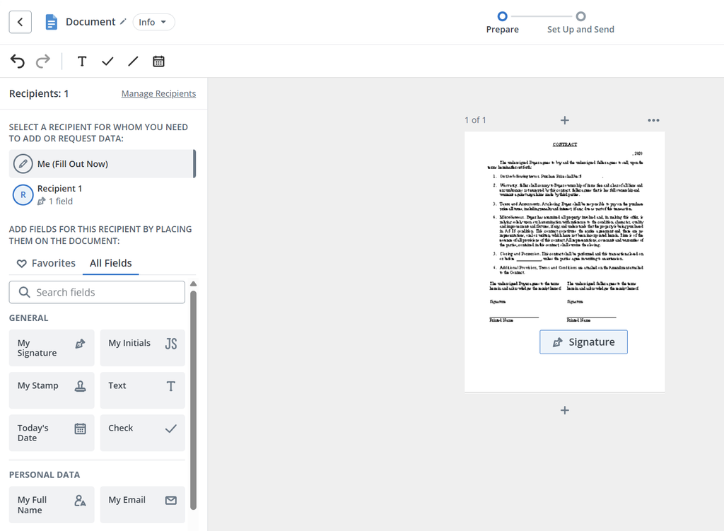 SignNow document preparation screen showing a contract with a signature field placed for Recipient 1, alongside a panel of available fields such as signature, initials, stamp, text, date, check, full name, and email.