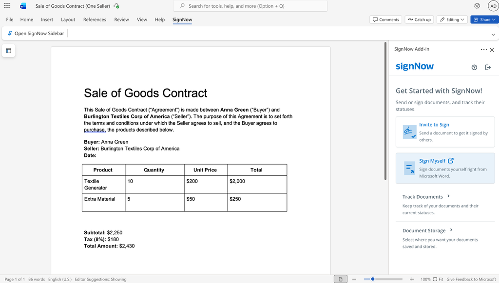 Microsoft Word showing the SignNow add-in sidebar with options to invite others to sign, sign the document yourself, track document status,, and manage document storage.