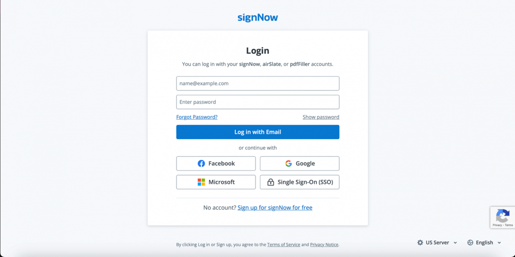 SignNow login page with fields for email and password, plus sign-in options for Facebook, Google, Microsoft, and Single Sign-On (SSO), and a link to create a free account.