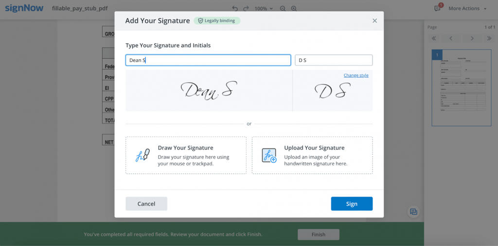 SignNow Add Your Signature window showing options to type a signature, and initials, draw a signature, or upload an image of a handwritten signature before signing the document.