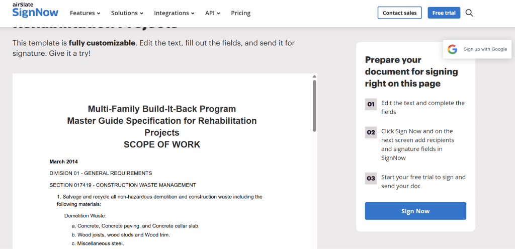 SignNow Scope of Work Templates page showing a template card with a View template button and a Sign Now option.
