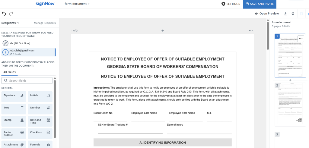 SignNow editor showing an offer letter with Signature, Date and Time, Full Name, Initials, and Checkbox fields assigned to the candidate.