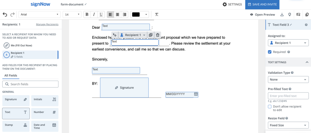 SignNow editor with recipient roles and assigned signature and date fields.