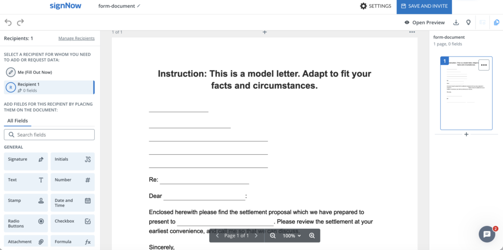 SignNow project proposal template page showing the template title and starting action.