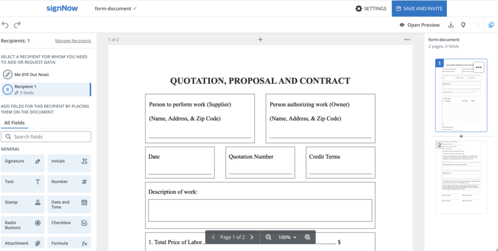 Quote template displaying customer details, line-item prices, totals, and an acceptance section.