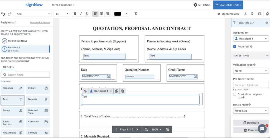 Quote template ready for customization with business details and priced line items.