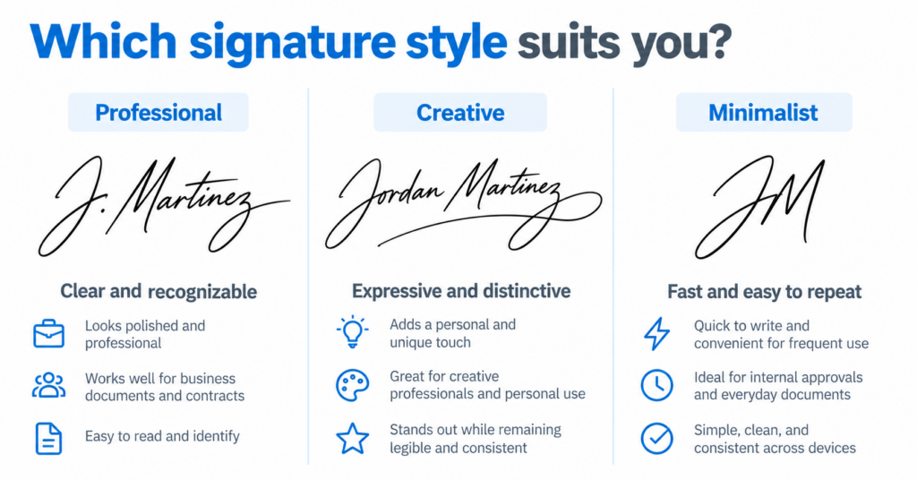 Comparison of professional, creative, and minimalist signature styles with three handwritten examples.
